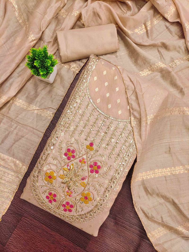Cream silk embroidered unstitched dressmaterials 3 pair top bottom dupptaa