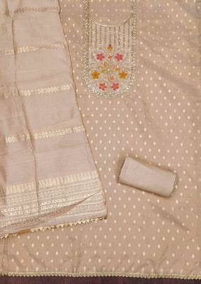 Cream silk embroidered unstitched dressmaterials 3 pair top bottom dupptaa 2