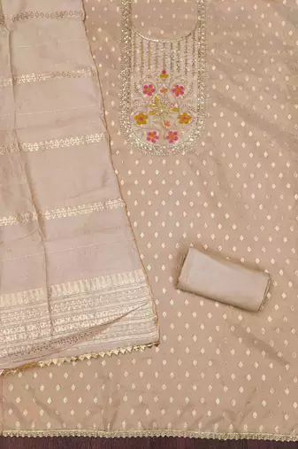 Cream silk embroidered unstitched dressmaterials 3 pair top bottom dupptaa