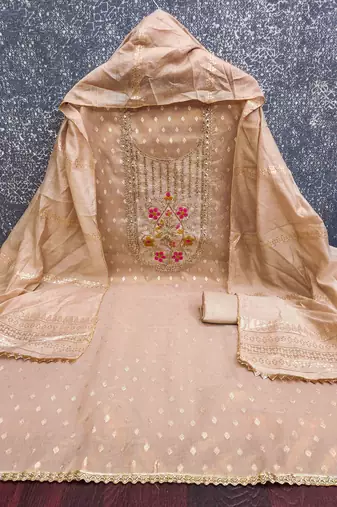 Cream silk embroidered unstitched dressmaterials 3 pair top bottom dupptaa