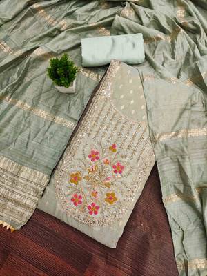 Grey silk embroidered unstitched dressmaterials 3 pair top bottom dupptaa 1