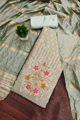 grey silk blend embroidered unstitched dressmaterials 3 pair top bottom dupptaa