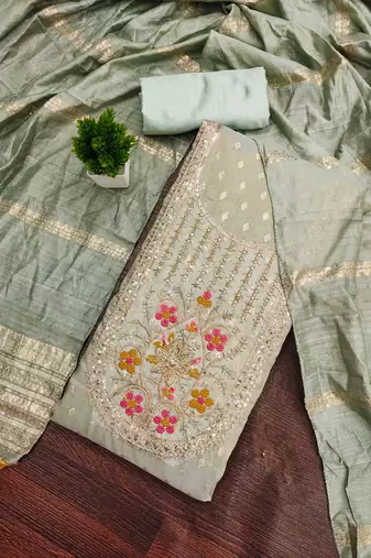 grey silk blend embroidered unstitched dressmaterials 3 pair top bottom dupptaa