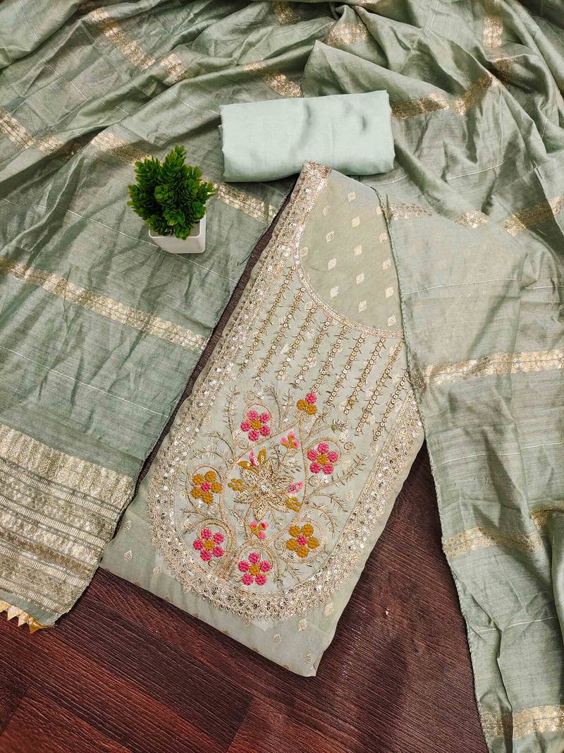 Grey silk embroidered unstitched dressmaterials 3 pair top bottom dupptaa