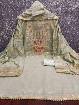 Grey silk embroidered unstitched dressmaterials 3 pair top bottom dupptaa 4