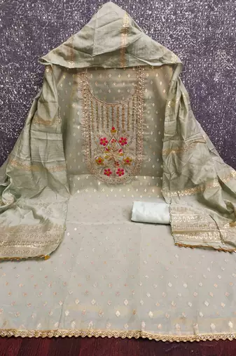 grey silk blend embroidered unstitched dressmaterials 3 pair top bottom dupptaa