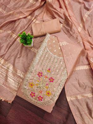 Orange silk embroidered unstitched dressmaterials 3 pair top bottom dupptaa 1