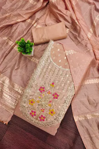 Orange silk embroidered unstitched dressmaterials 3 pair top bottom dupptaa