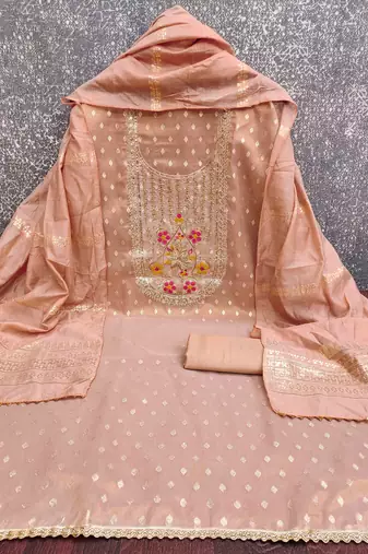Orange silk embroidered unstitched dressmaterials 3 pair top bottom dupptaa