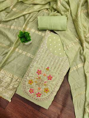 Sea green silk embroidered unstitched dressmaterials 3 pair top bottom dupptaa 1