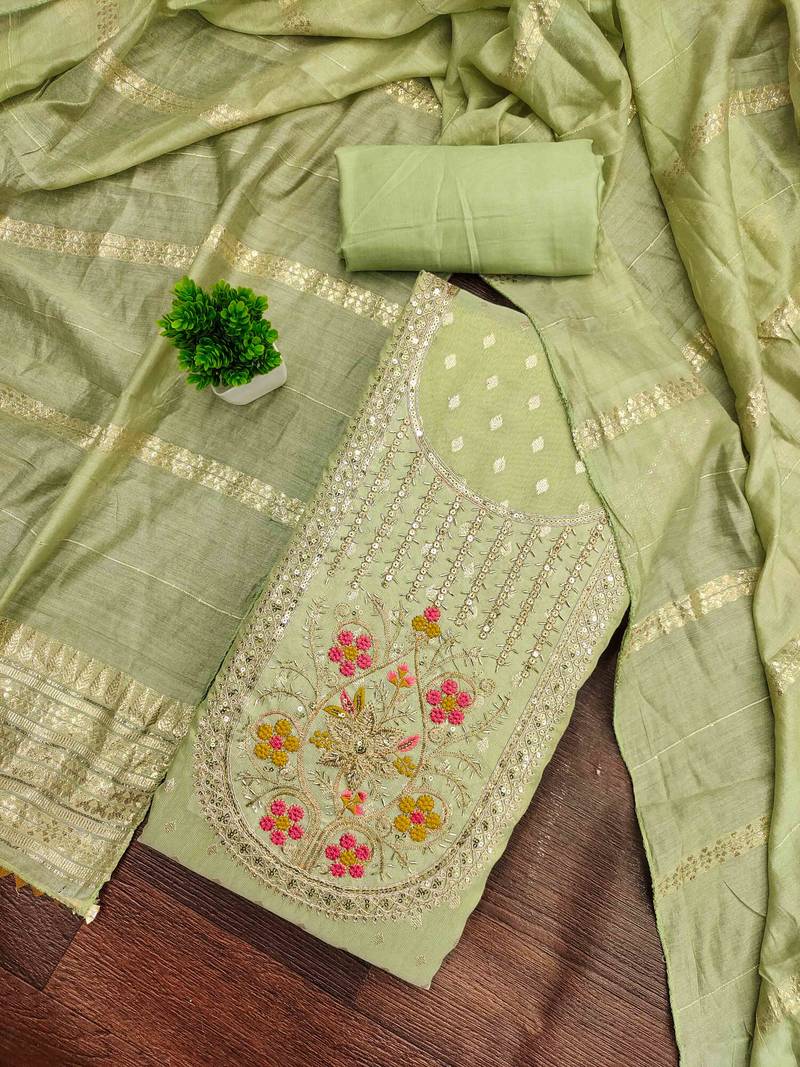Sea green silk embroidered unstitched dressmaterials 3 pair top bottom dupptaa