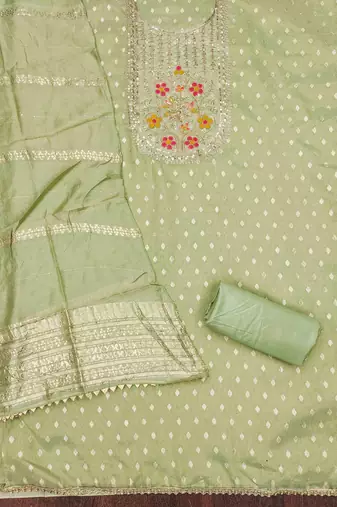 Sea green silk embroidered unstitched dressmaterials 3 pair top bottom dupptaa