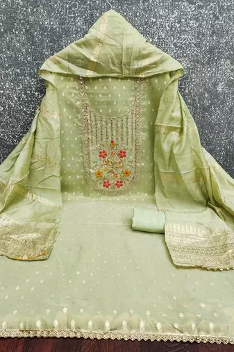 Sea green silk embroidered unstitched dressmaterials 3 pair top bottom dupptaa