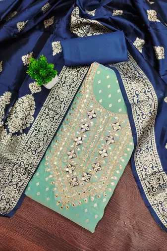 Blue silk embroidered unstitched dressmaterials 3 pair top bottom dupptaa
