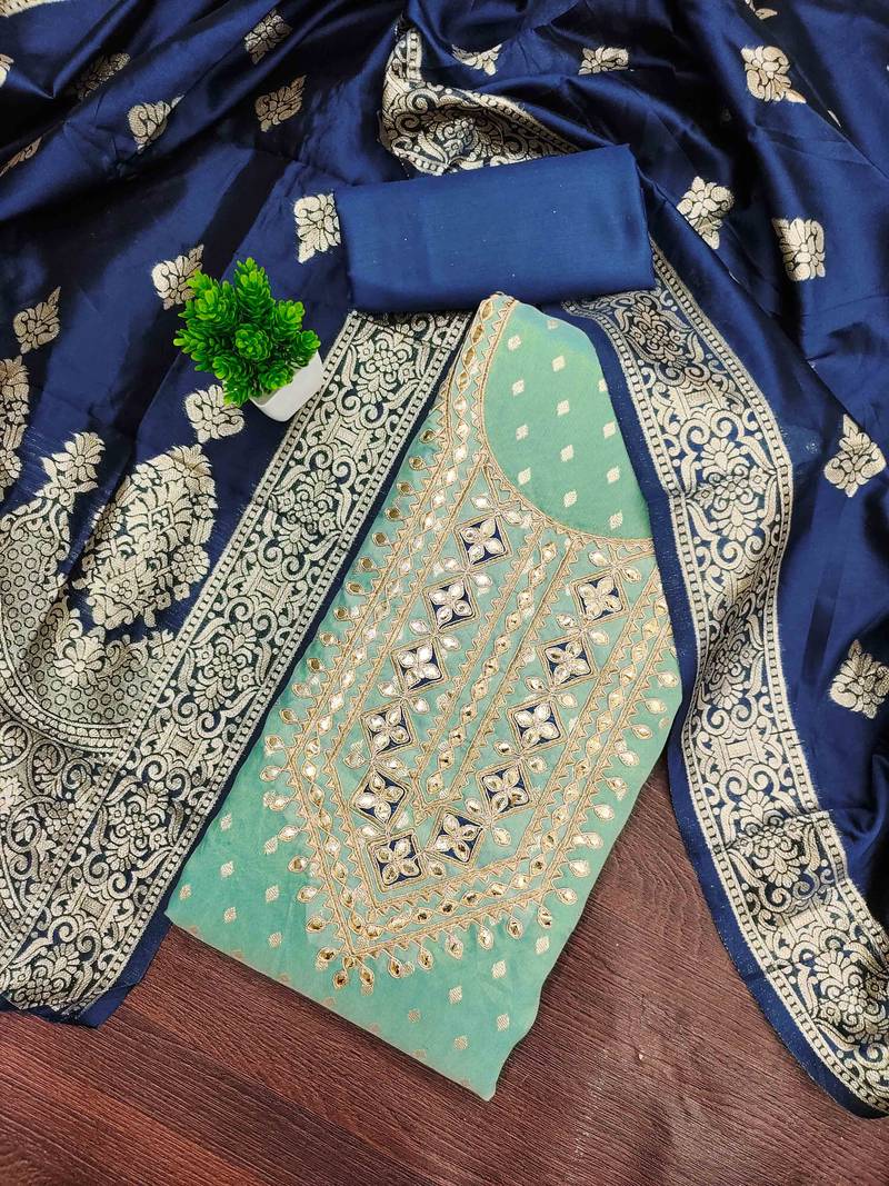 Blue silk embroidered unstitched dressmaterials 3 pair top bottom dupptaa