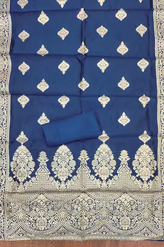 Blue silk embroidered unstitched dressmaterials 3 pair top bottom dupptaa