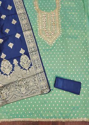 Blue silk embroidered unstitched dressmaterials 3 pair top bottom dupptaa 3