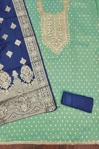 Blue silk embroidered unstitched dressmaterials 3 pair top bottom dupptaa