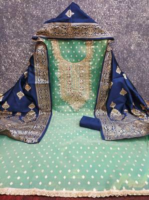 Blue silk embroidered unstitched dressmaterials 3 pair top bottom dupptaa 4