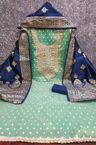 Blue silk embroidered unstitched dressmaterials 3 pair top bottom dupptaa