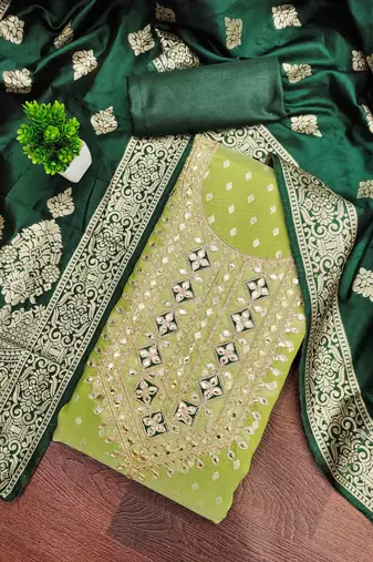 Green silk embroidered unstitched dressmaterials 3 pair top bottom dupptaa