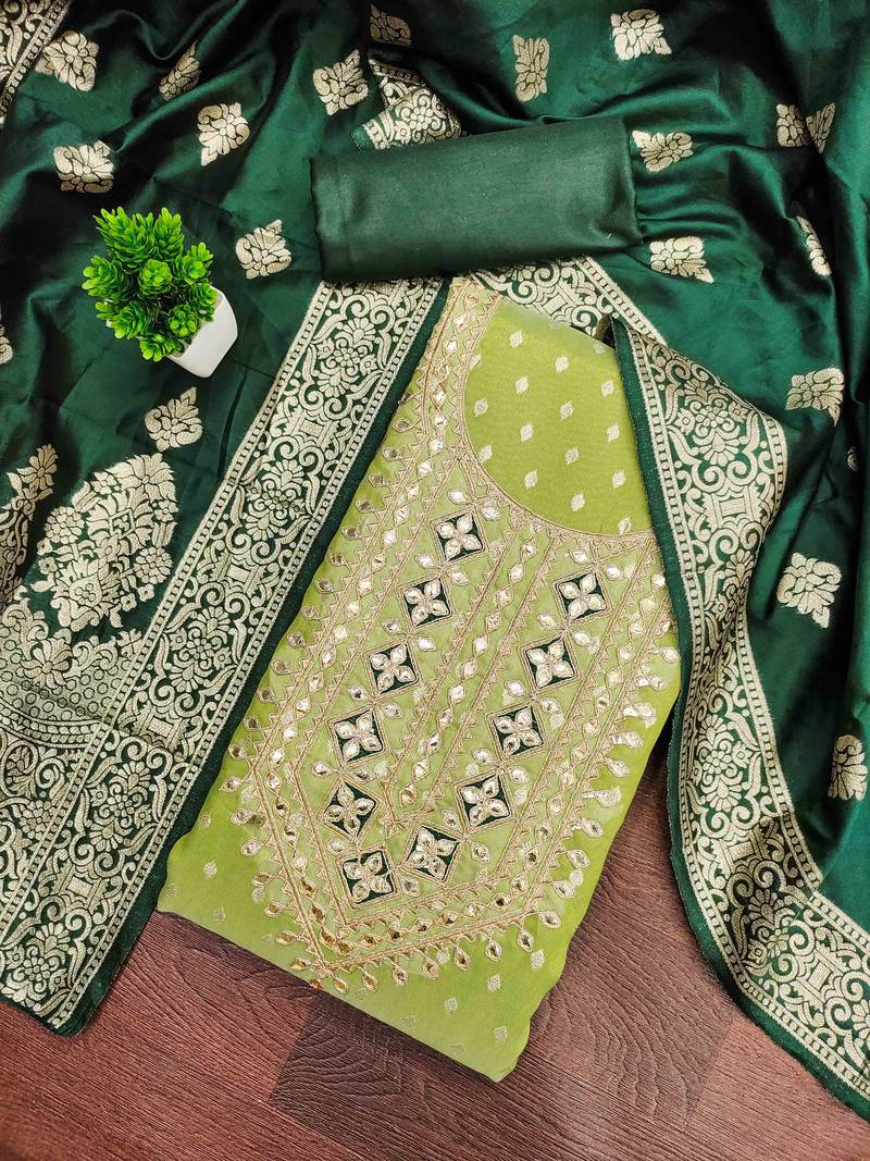 Green silk embroidered unstitched dressmaterials 3 pair top bottom dupptaa