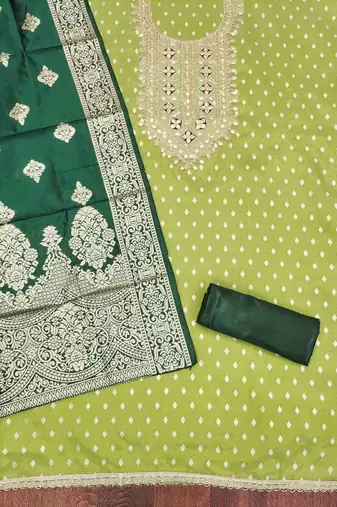 Green silk embroidered unstitched dressmaterials 3 pair top bottom dupptaa
