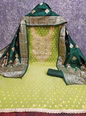 Green silk embroidered unstitched dressmaterials 3 pair top bottom dupptaa 4