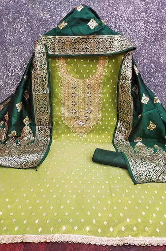 Green silk embroidered unstitched dressmaterials 3 pair top bottom dupptaa