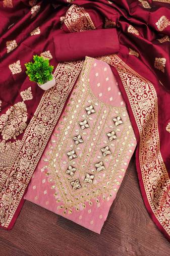 maroon silk blend embroidered unstitched dressmaterials 3 pair top bottom dupptaa