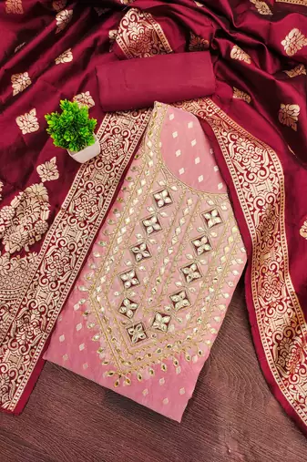 maroon silk blend embroidered unstitched dressmaterials 3 pair top bottom dupptaa