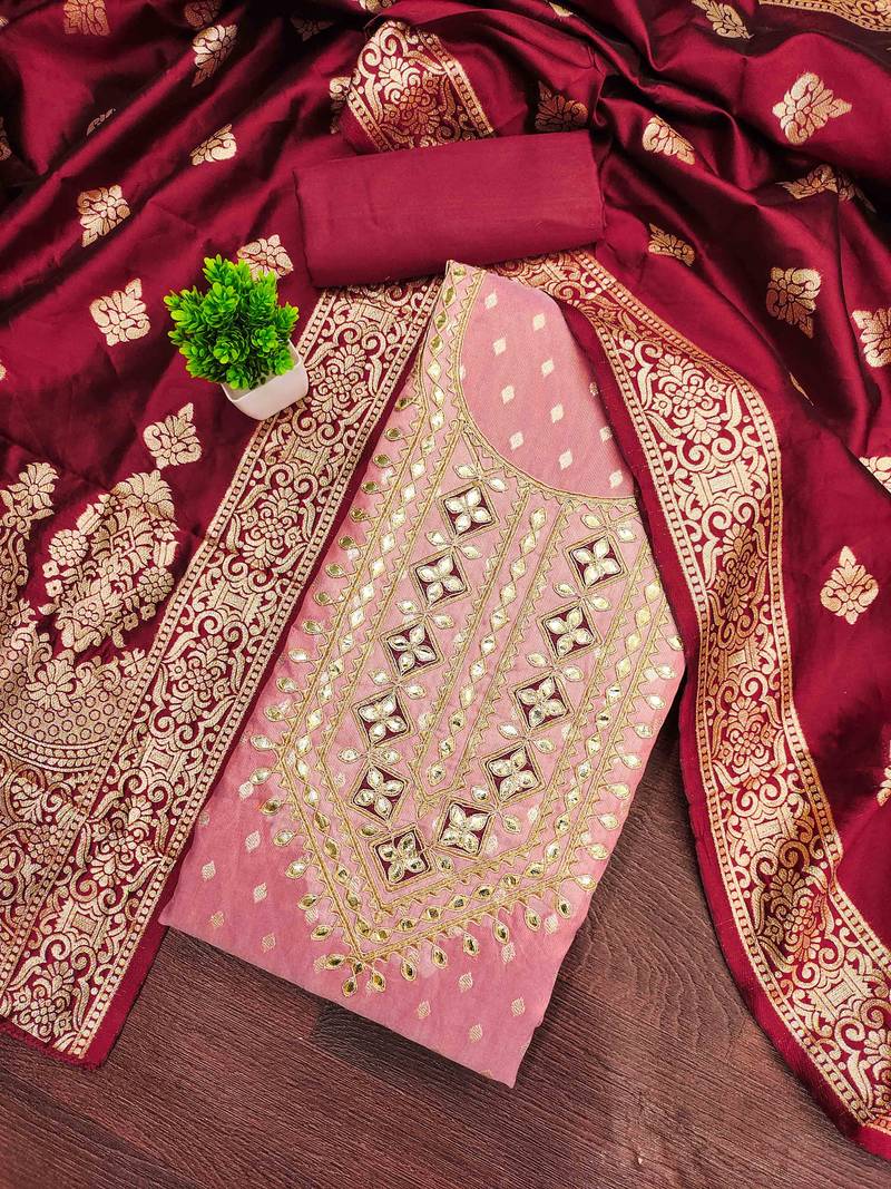 Maroon silk embroidered unstitched dressmaterials 3 pair top bottom dupptaa