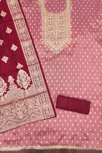 maroon silk blend embroidered unstitched dressmaterials 3 pair top bottom dupptaa