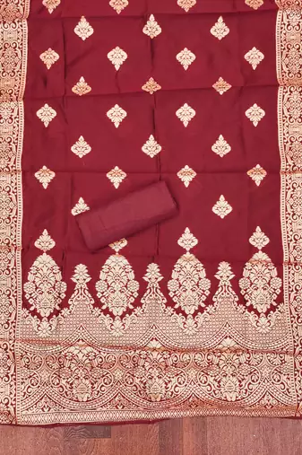 maroon silk blend embroidered unstitched dressmaterials 3 pair top bottom dupptaa