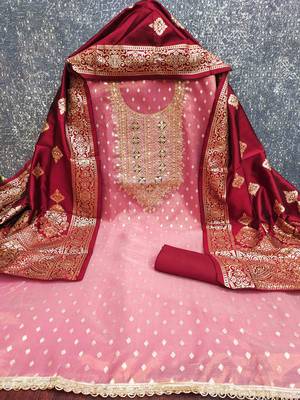 Maroon silk embroidered unstitched dressmaterials 3 pair top bottom dupptaa 4