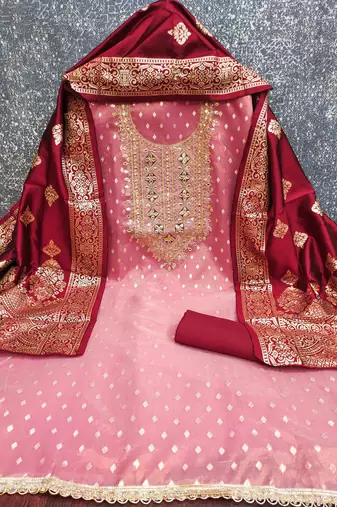 maroon silk blend embroidered unstitched dressmaterials 3 pair top bottom dupptaa