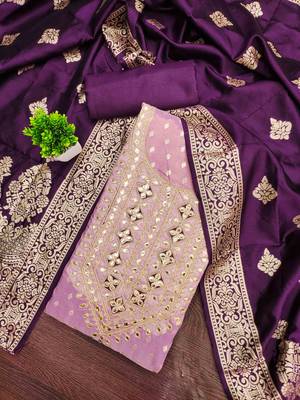 Wine silk embroidered unstitched dressmaterials 3 pair top bottom dupptaa 1