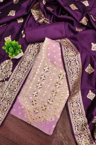 Wine silk embroidered unstitched dressmaterials 3 pair top bottom dupptaa