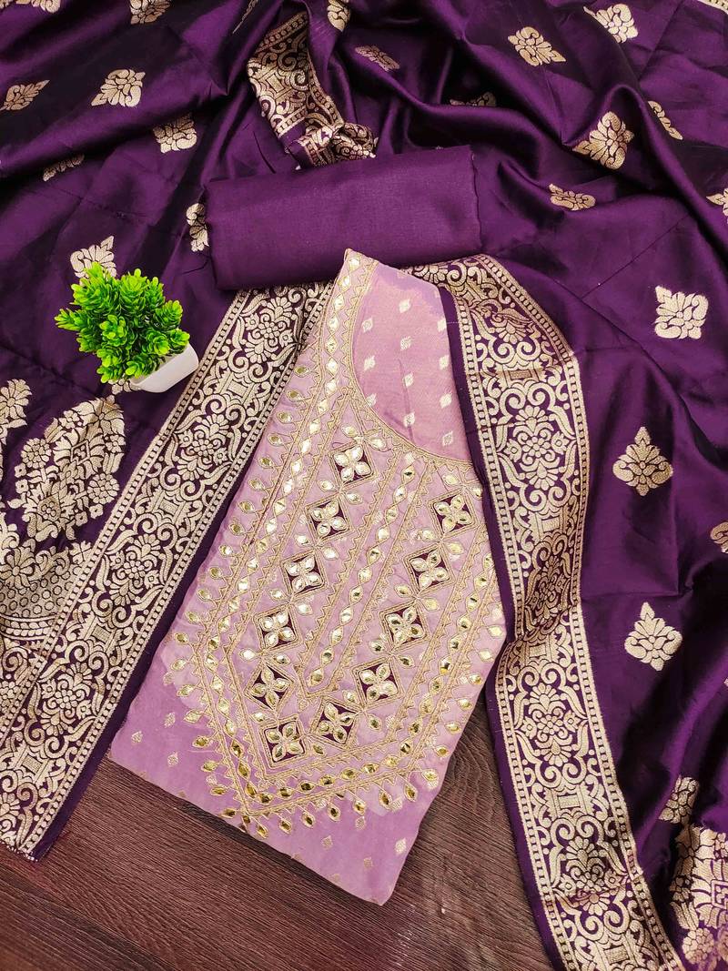Wine silk embroidered unstitched dressmaterials 3 pair top bottom dupptaa