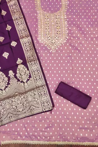 Wine silk embroidered unstitched dressmaterials 3 pair top bottom dupptaa