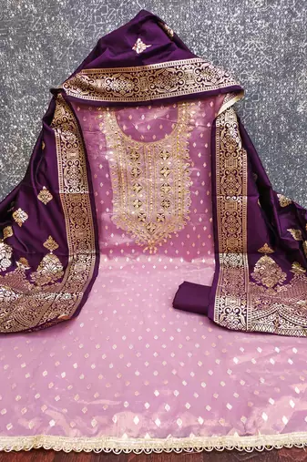 Wine silk embroidered unstitched dressmaterials 3 pair top bottom dupptaa