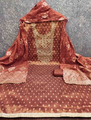 Brown silk embroidered unstitched dressmaterials 3 pair top bottom dupptaa 1