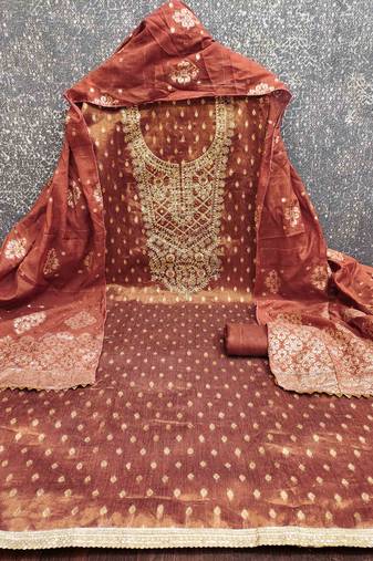 brown silk blend embroidered unstitched dressmaterials 3 pair top bottom dupptaa