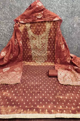 Brown silk embroidered unstitched dressmaterials 3 pair top bottom dupptaa