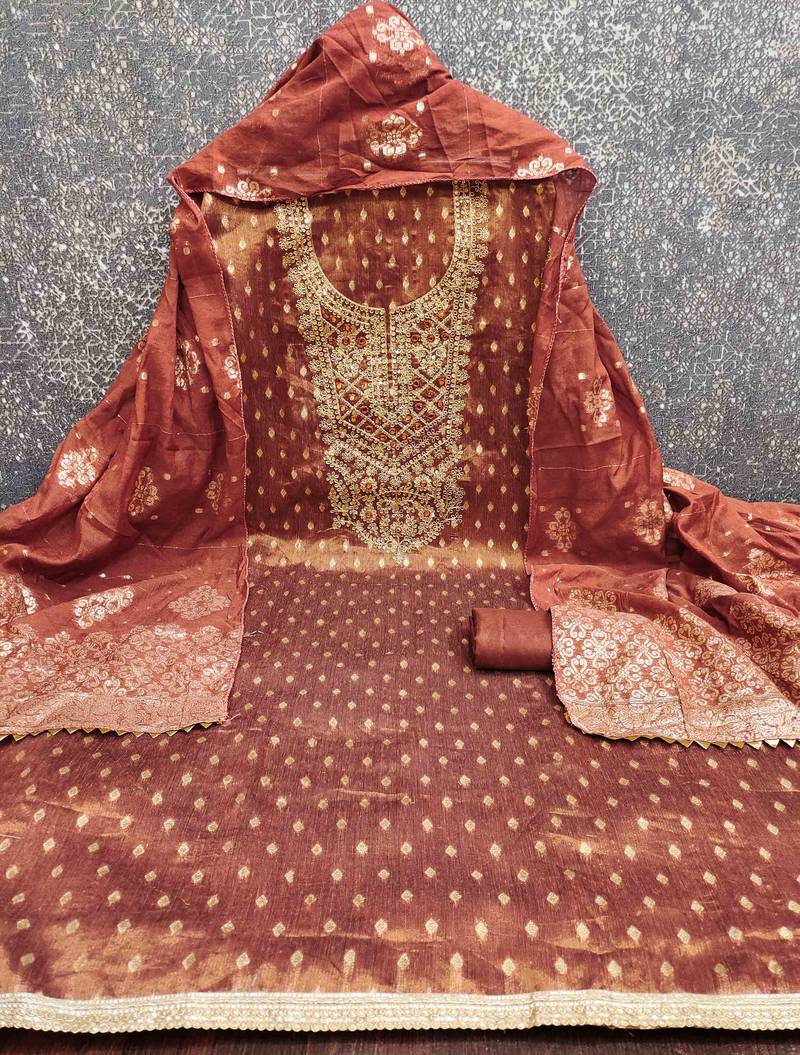 Brown silk embroidered unstitched dressmaterials 3 pair top bottom dupptaa