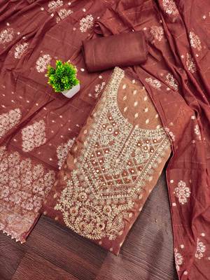 Brown silk embroidered unstitched dressmaterials 3 pair top bottom dupptaa 2