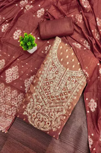 Brown silk embroidered unstitched dressmaterials 3 pair top bottom dupptaa