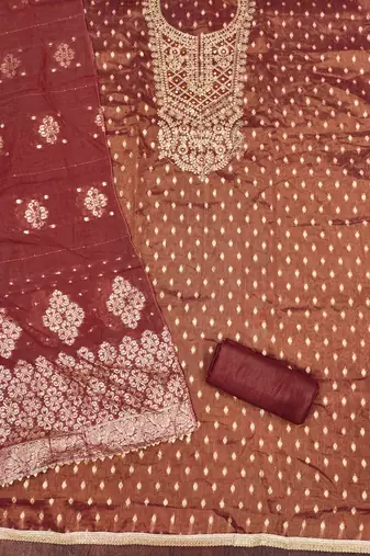 Brown silk embroidered unstitched dressmaterials 3 pair top bottom dupptaa