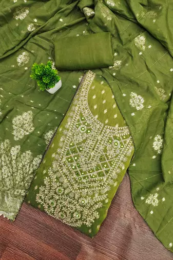 Green silk embroidered unstitched dressmaterials 3 pair top bottom dupptaa