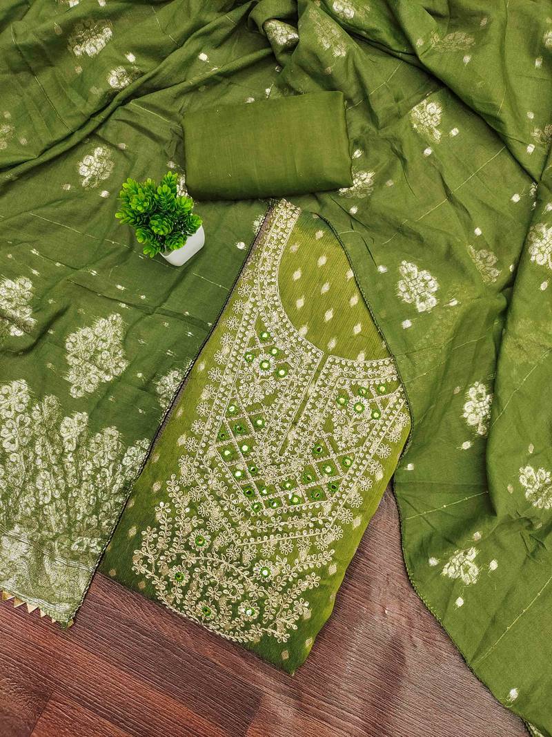 Green silk embroidered unstitched dressmaterials 3 pair top bottom dupptaa